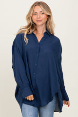 Navy Lightweight Sheer Button Down Blouse