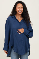 Navy Lightweight Sheer Button Down Maternity Blouse