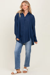 Navy Lightweight Sheer Button Down Blouse