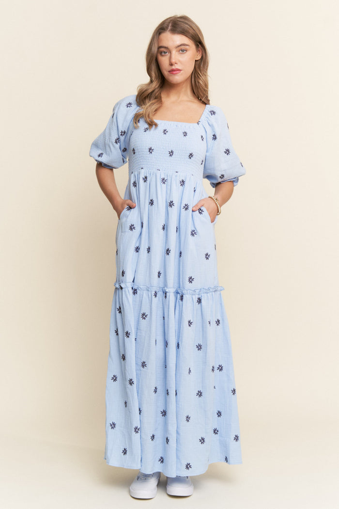 Light Blue Floral Smocked Puff Sleeve Maternity Maxi Dress
