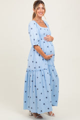 Light Blue Floral Smocked Puff Sleeve Maternity Maxi Dress