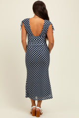 Black Ruched Gingham Shoulder Tie Maternity Maxi Dress