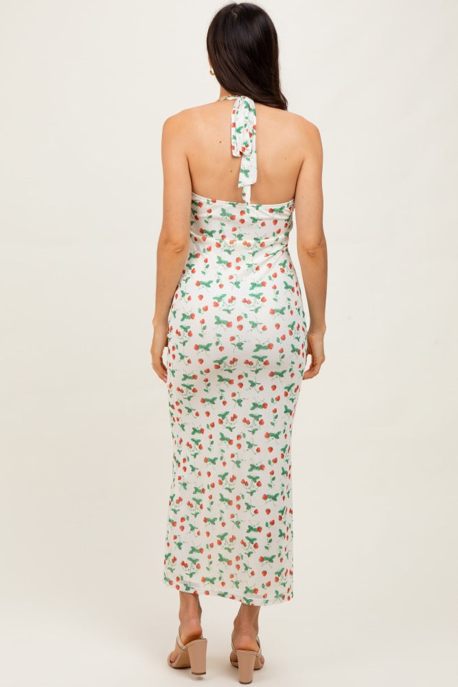 Ivory Strawberry Print Ruffle Detail Halter Maxi Dress