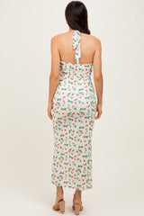 Ivory Strawberry Print Ruffle Detail Halter Maxi Dress