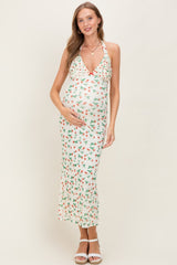 Ivory Strawberry Print Ruffle Detail Halter Maternity Maxi Dress