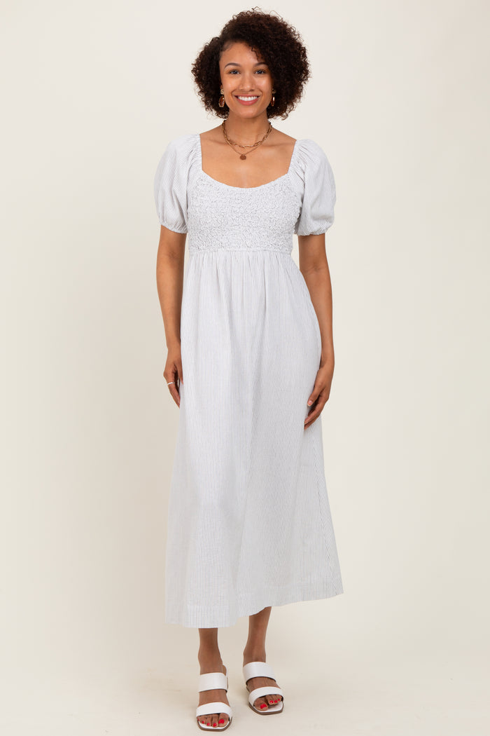 White Popcorn Smocking Bubble Sleeve Midi Dress