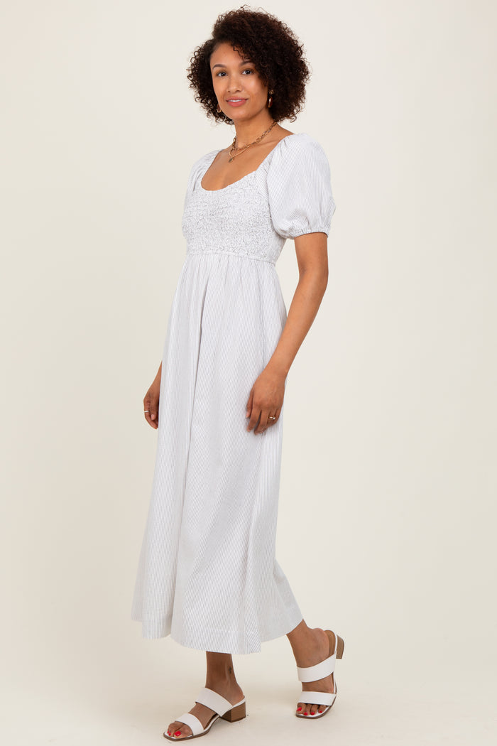 White Popcorn Smocking Bubble Sleeve Midi Dress