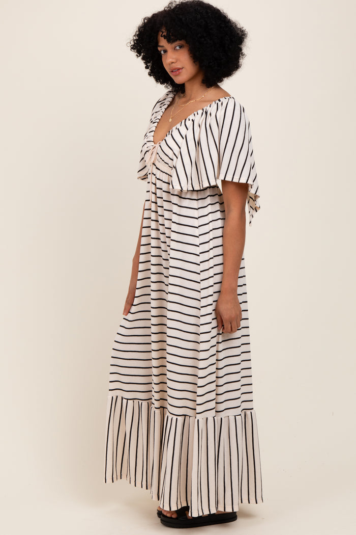 Cream/ Black Stripe Knit Flutter Sleeve V-Neck Tiered Maxi Dress