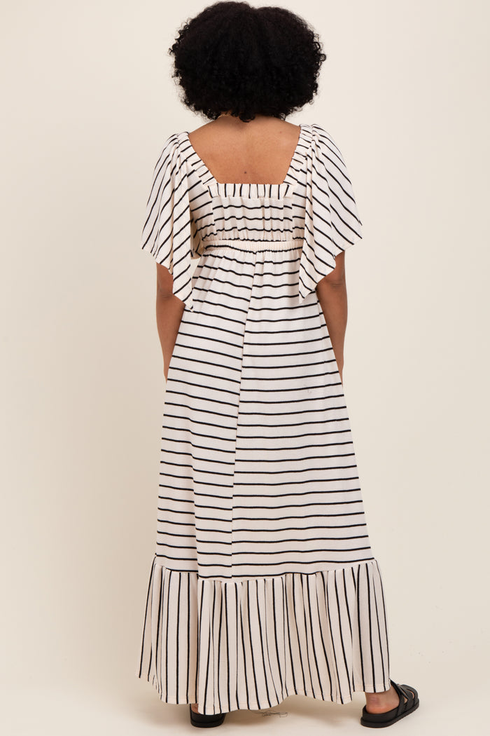 Cream/ Black Stripe Knit Flutter Sleeve V-Neck Tiered Maxi Dress