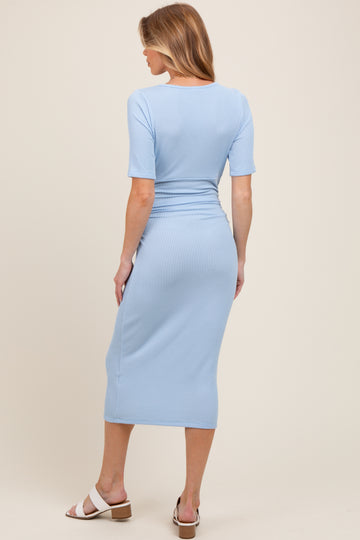 Light Blue Striped Short Sleeve V-Neck Maternity Midi Dress