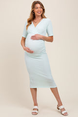 Mint Striped Short Sleeve V-Neck Maternity Midi Dress