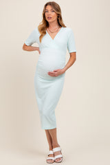 Mint Striped Short Sleeve V-Neck Maternity Midi Dress