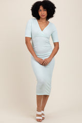 Mint Striped Short Sleeve V-Neck Maternity Midi Dress
