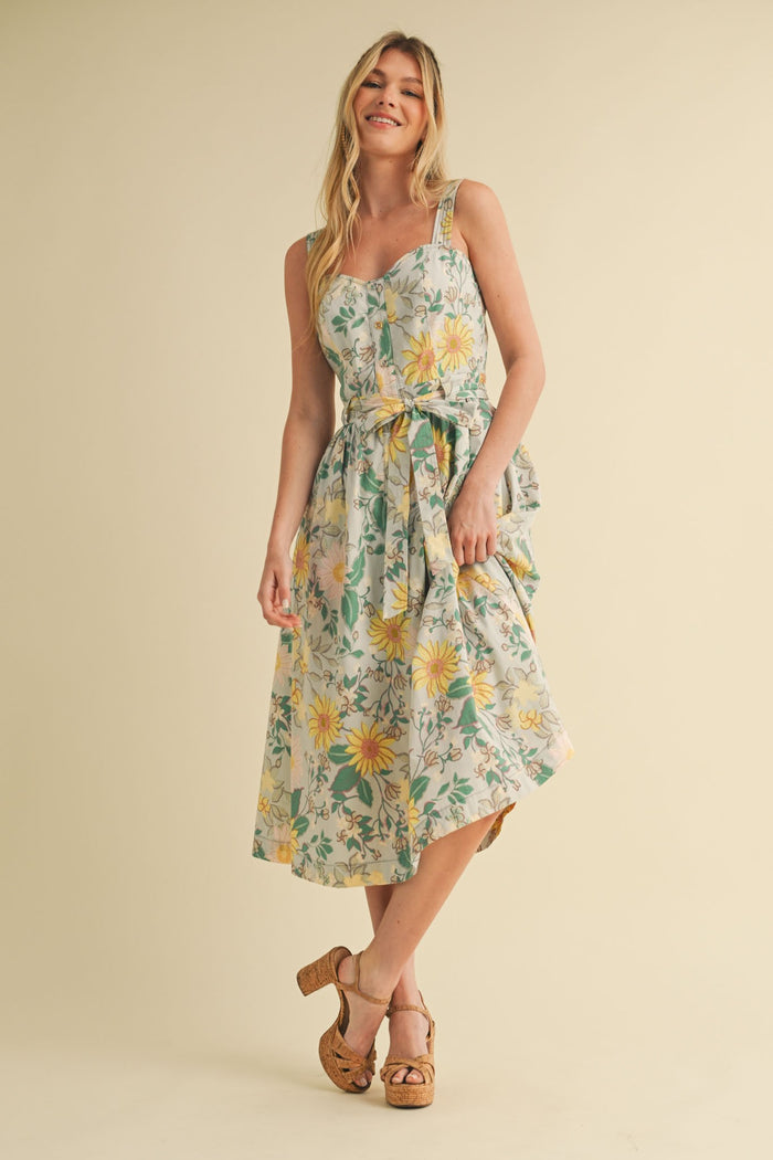 Green Floral Button Front Sash Tie Midi Dress