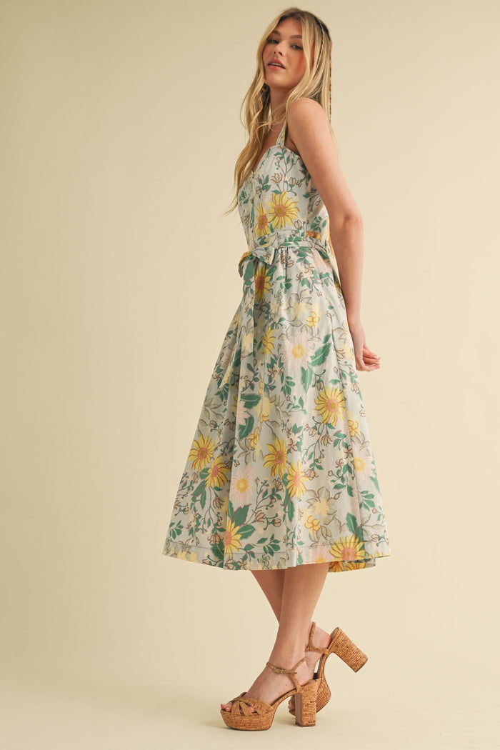 Green Floral Button Front Sash Tie Midi Dress