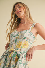Green Floral Button Front Sash Tie Midi Dress