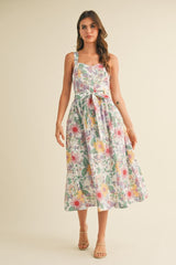 Ivory Floral Button Front Sash Tie Midi Dress