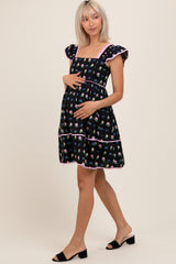 Black Floral Ruffle Strap Maternity Mini Dress