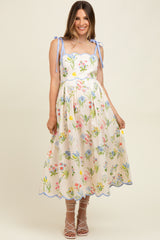 Cream Floral Shoulder Tie Scallop Trim Maternity Midi Dress
