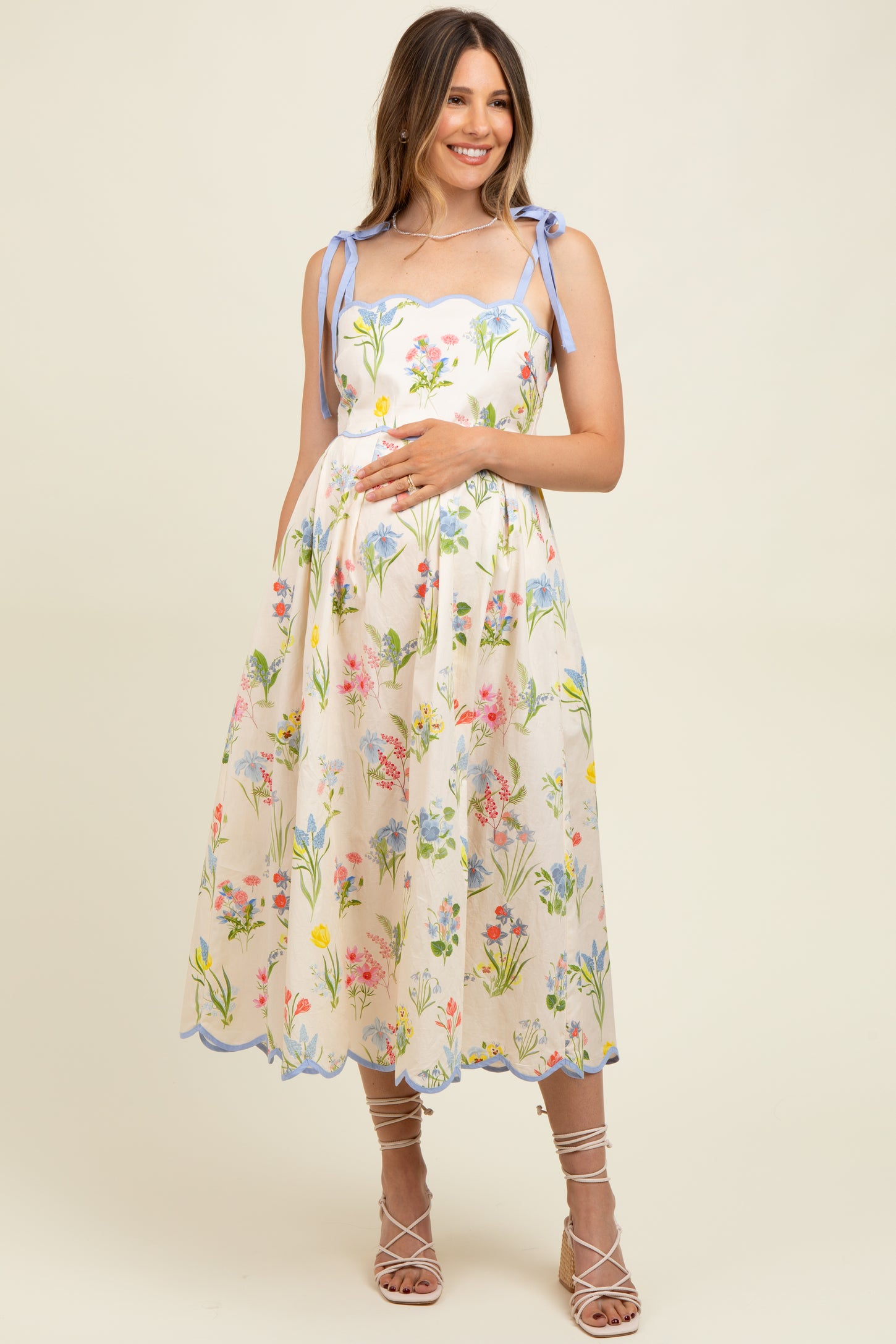 Cream Floral Shoulder Tie Scallop Trim Maternity Midi Dress