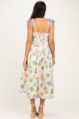 Cream Floral Shoulder Tie Scallop Trim Midi Dress