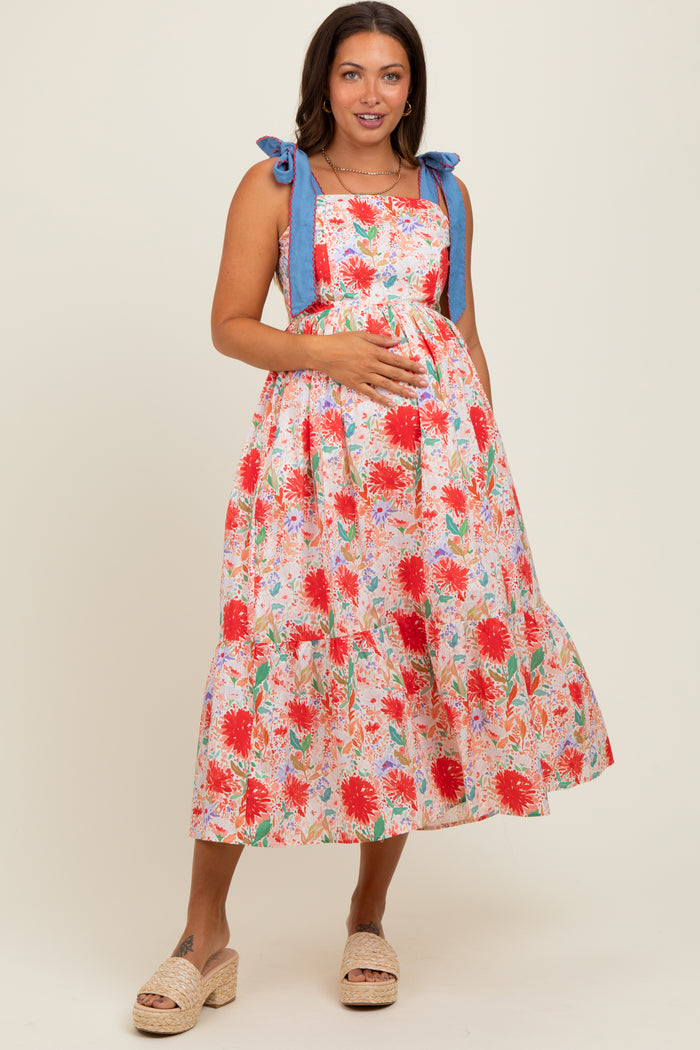 Red Floral Contrast Shoulder Tie Maternity Midi Dress
