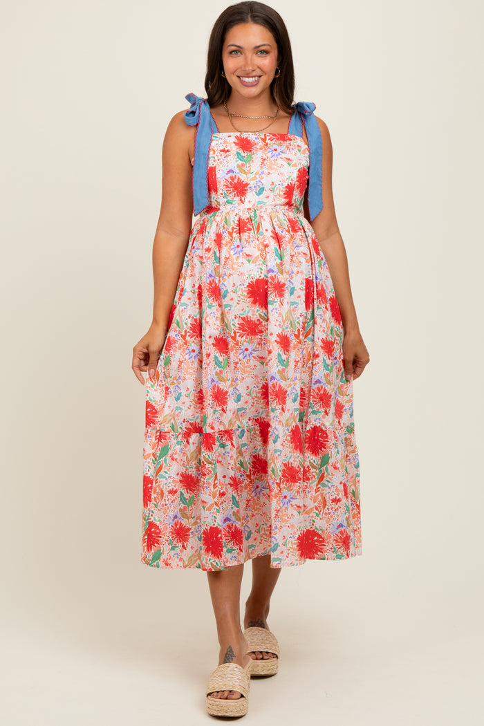 Red Floral Contrast Shoulder Tie Maternity Midi Dress