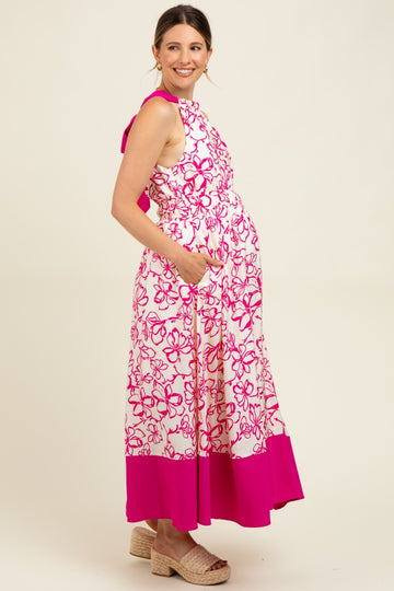Fuchsia Floral Bow Tie Sleeveless Maternity Midi Dress