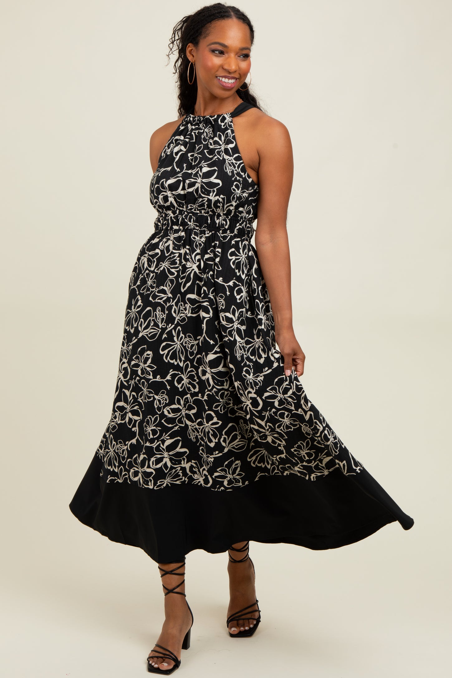 Black Floral Bow Tie Sleeveless Maternity Midi Dress