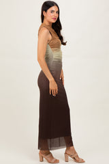 Brown Ombre Mesh Ruched Sleeveless Midi Dress