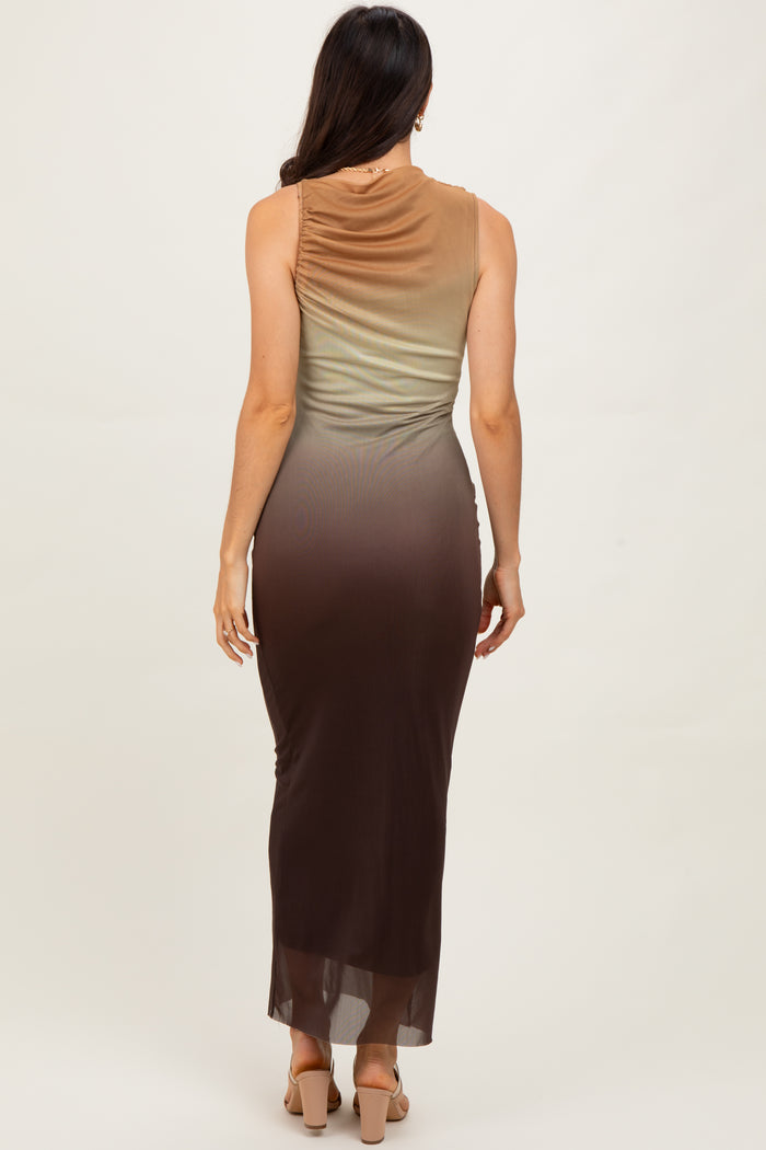 woman wearing a sleeveless ombre maxi dress transitioning from green to brown, showing a fitted silhouette from the back