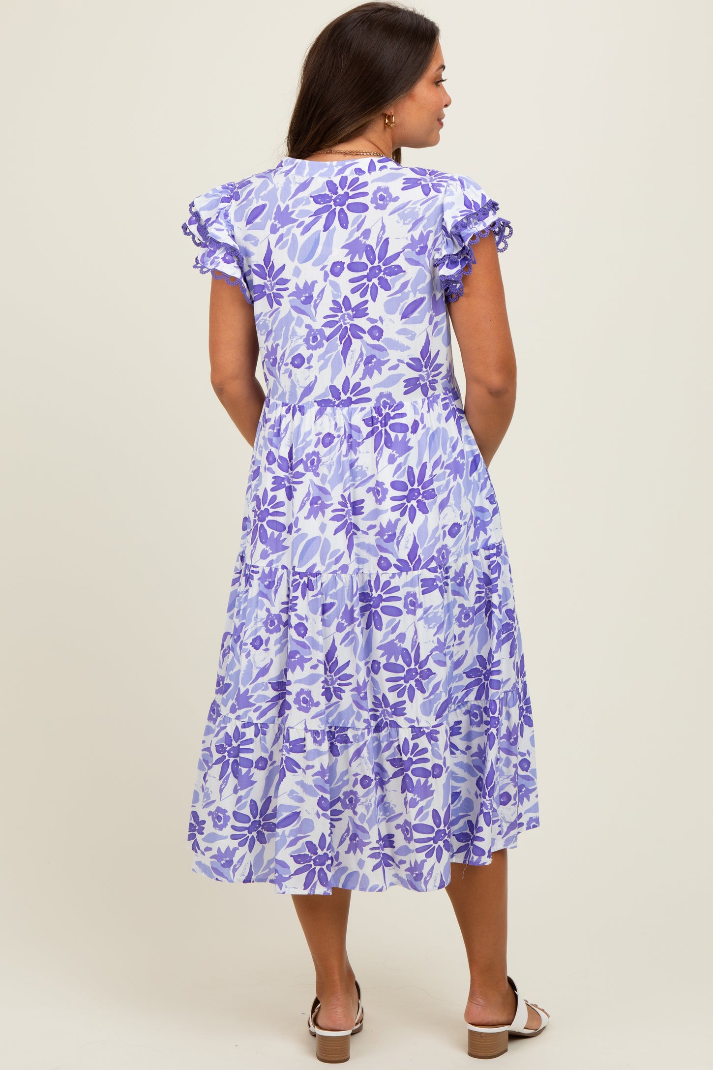 Lavender Floral Ruffle Sleeve Tiered Maternity Midi Dress