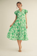 Green Floral Ruffle Sleeve Tiered Maternity Midi Dress