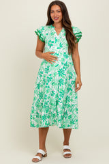 Green Floral Ruffle Sleeve Tiered Maternity Midi Dress