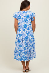 Blue Floral Ruffle Sleeve Tiered Maternity Midi Dress