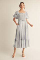 Light Blue Gingham Smocked Puff Sleeve Midi Dress