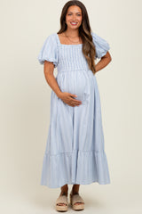 Light Blue Gingham Smocked Puff Sleeve Maternity Midi Dress
