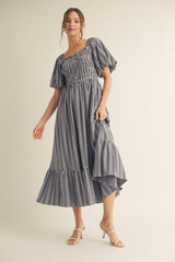 Navy Gingham Smocked Puff Sleeve Midi Dress