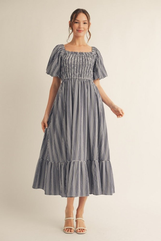 Navy Gingham Smocked Puff Sleeve Midi Dress