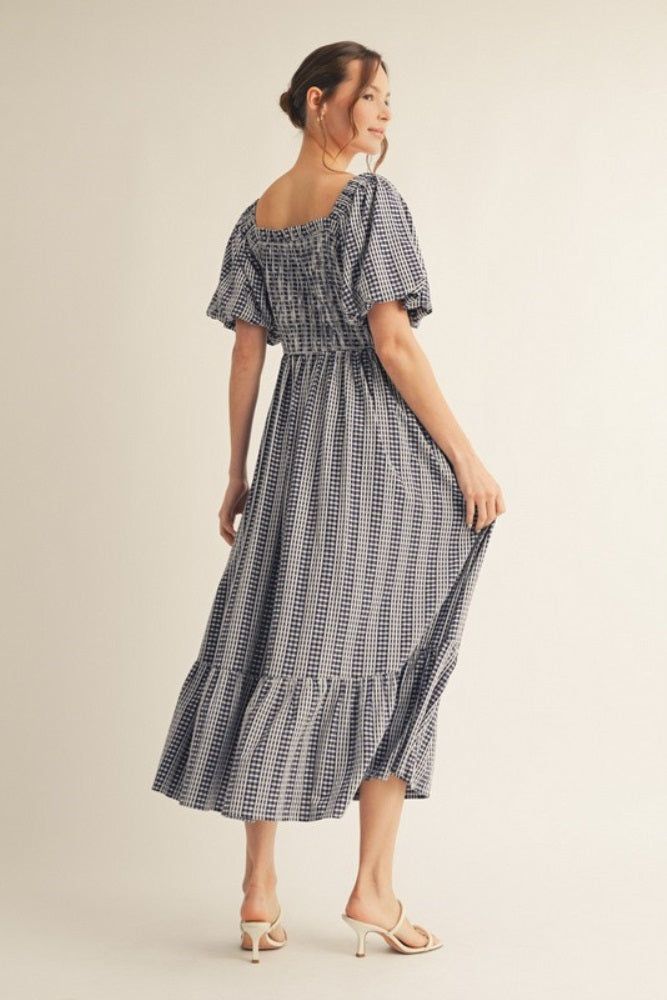 Navy Gingham Smocked Puff Sleeve Midi Dress