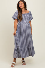 Navy Gingham Smocked Puff Sleeve Maternity Midi Dress