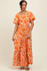 Orange Floral Smocked Puff Sleeve Maxi Dress