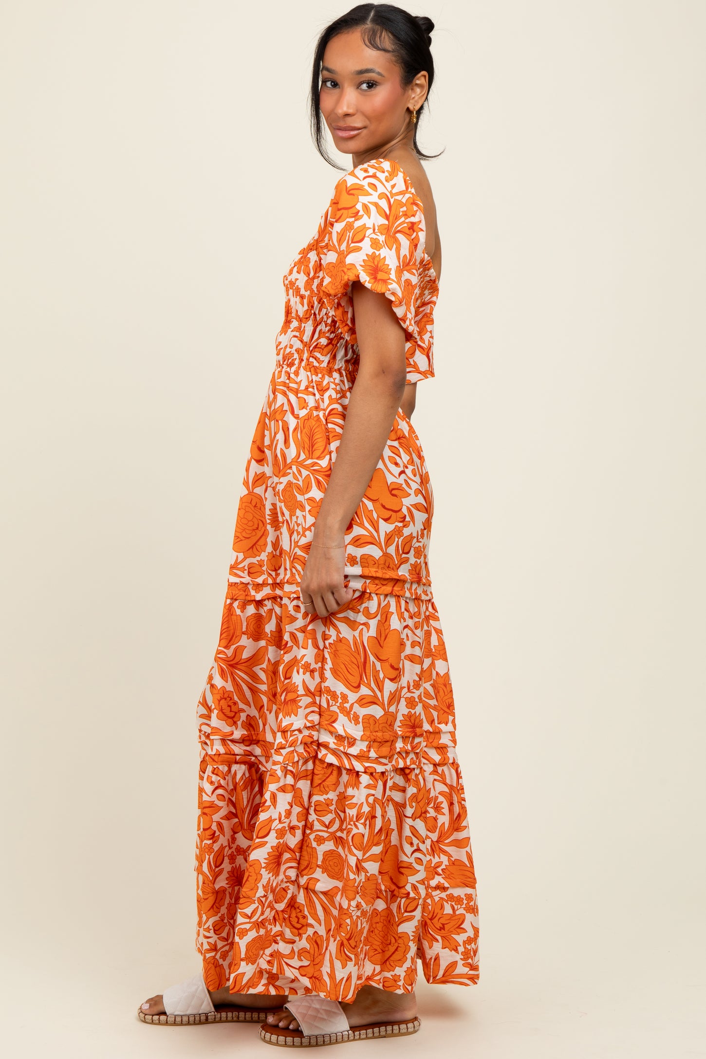 Orange Floral Smocked Puff Sleeve Maxi Dress