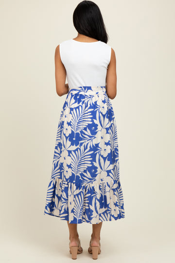 Blue Floral Contrast Top Sash Tie Sleeveless Midi Dress