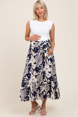 Navy Floral Contrast Top Sash Tie Sleeveless Maternity Midi Dress