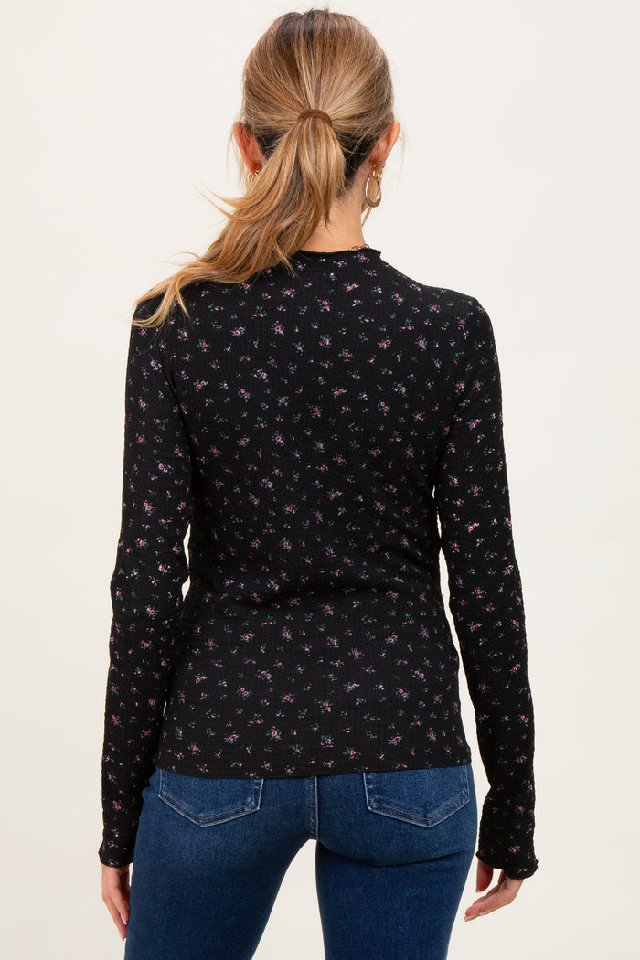 Black Floral Crinkled Texture High Neck Maternity Long Sleeve