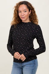 Black Floral Crinkled Texture High Neck Long Sleeve