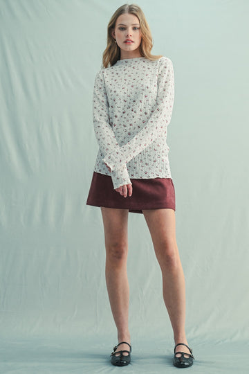 Ivory Floral Crinkled Texture High Neck Long Sleeve