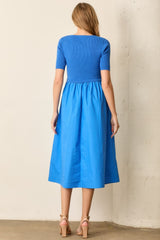 Blue Contrast Knit Top Midi Dress