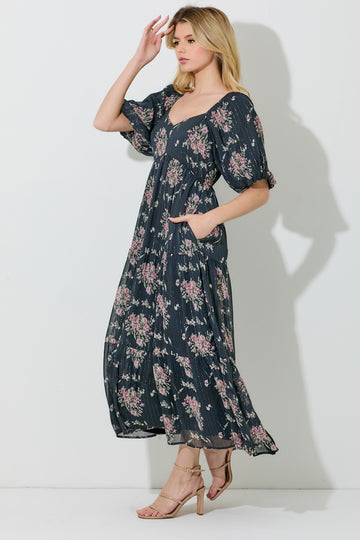 Black Floral Striped Puff Sleeve Midi Dress